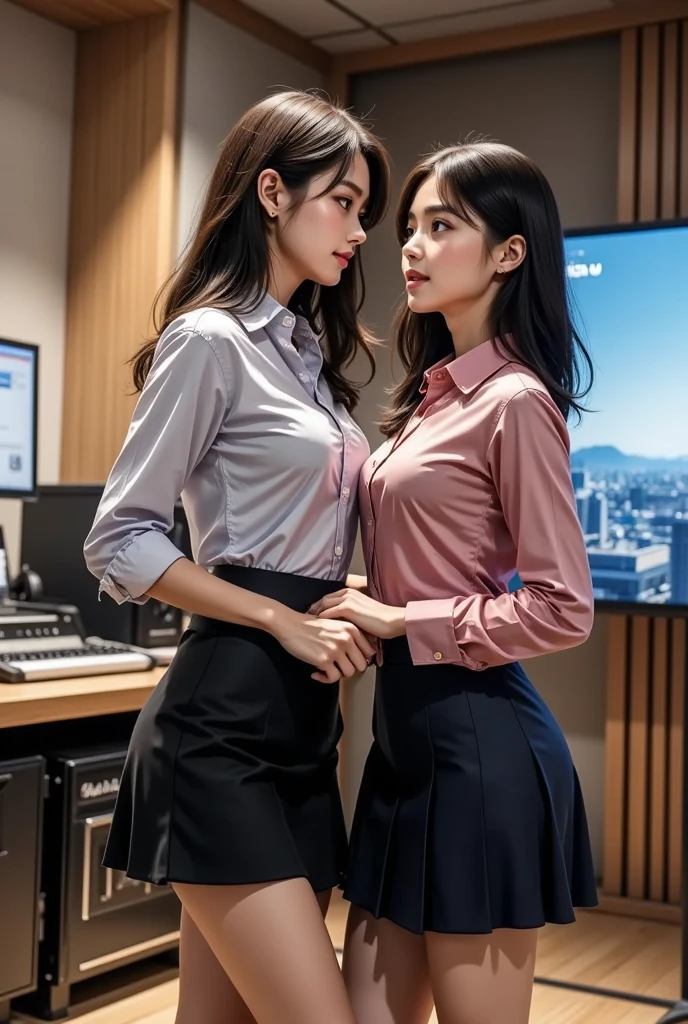 A young and cool Japanese girl around 16 years old、White blouse、Thin necklace on chest、Tight skirt in pastel colors、High heels、Hands on the desk in the office、Accentuate your butt、Photo from below、Legs spread wide、T-back is fully visible、Back view、Buckshot 、On all fourakes your face smaller:1.4)、Small head、Transparencyのある肌、((Best image quality))、 ((High resolution))、Beautiful Japanese woman、Has big brown eyes。Her eyes are sparkling.、Has a slightly moist sheen、Transparency