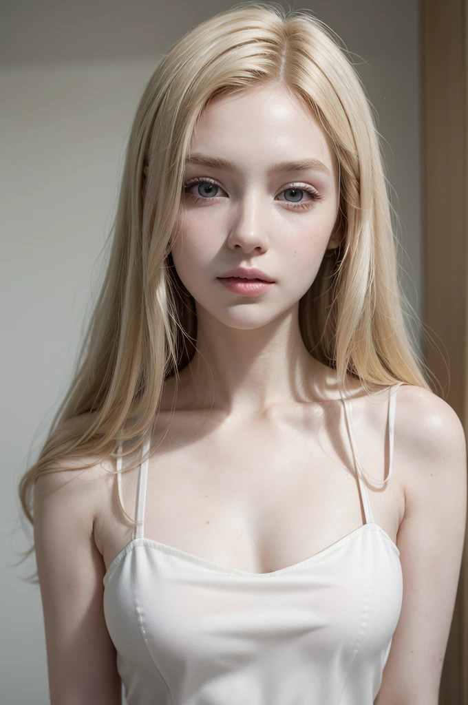 Straight long blond hair. Big green eyes . Thin lips and small sharp point nose. White skin. small built body, width shoulders, a cub small . Flat thin hips small small