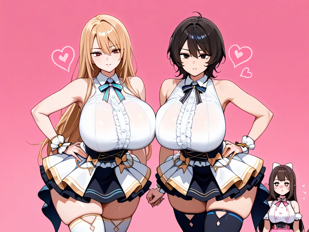 masterpiece, Highest quality, Beautiful face and eyes in every detail, Two Girls, Cute idol, Cool Idol, Event Stage, Cool idol costumes, sing, Laughter,Large Breasts(hyper Huge breasts:1.8)(shirtlift:1.8),(nipple:1.3),(Top view:1.4),(Side by side:1.7),(slouch:1.7),