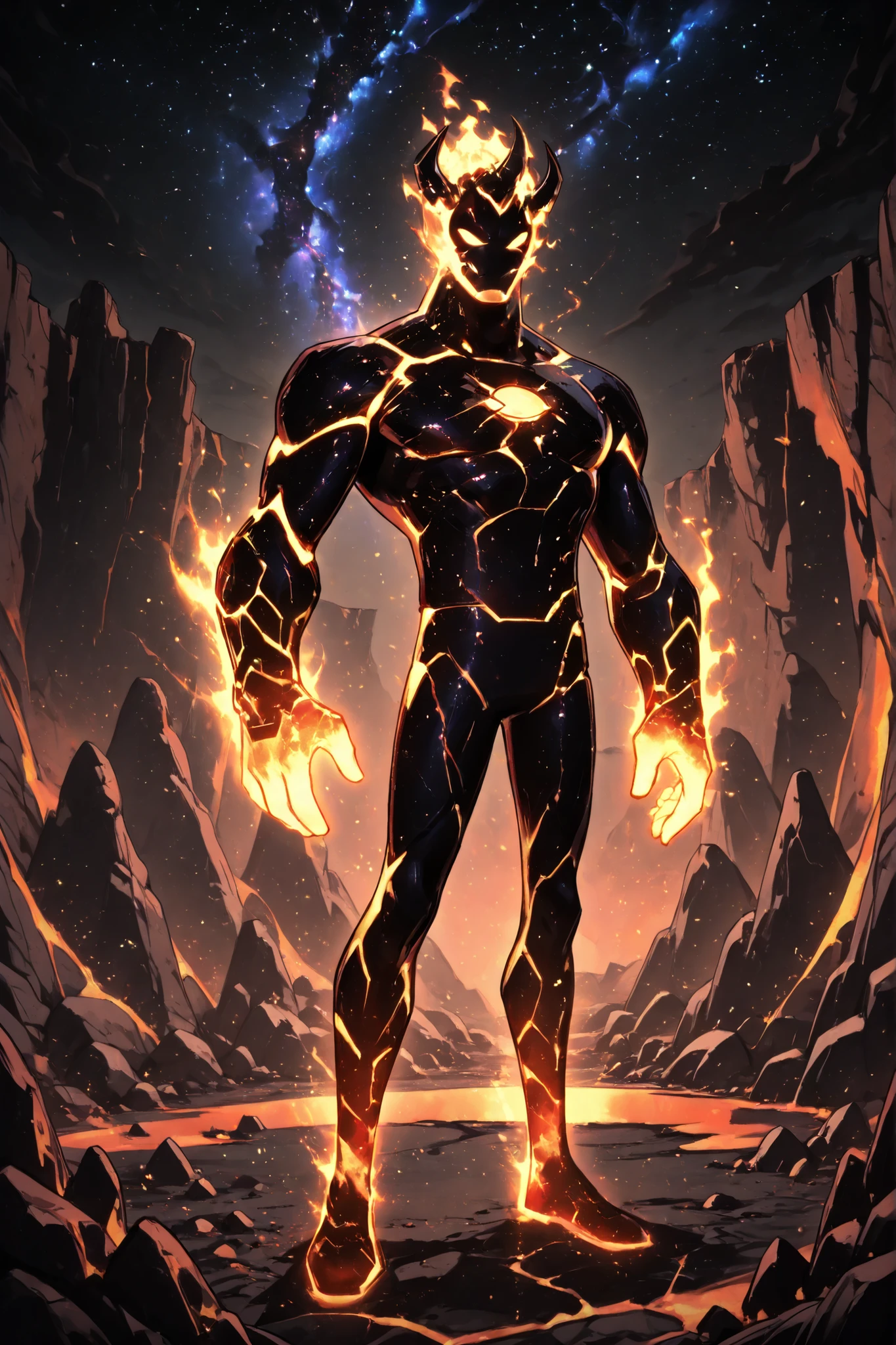A fusion of Heatblast and Alien X from Ben 10 — a tall, humanoid cosmic fire entity with a muscular body made of black starry skin, like a living galaxy. Glowing molten lava cracks run across the body. Three pointy horns on his head. Its head burning with a flame made of blue and white cosmic fire. His eyes are glowing, surrounded by rotating plasma rings. Standing on a rocky, stones in a volcanic environment. Detailed, masterpiece, 8K quality, good lighting