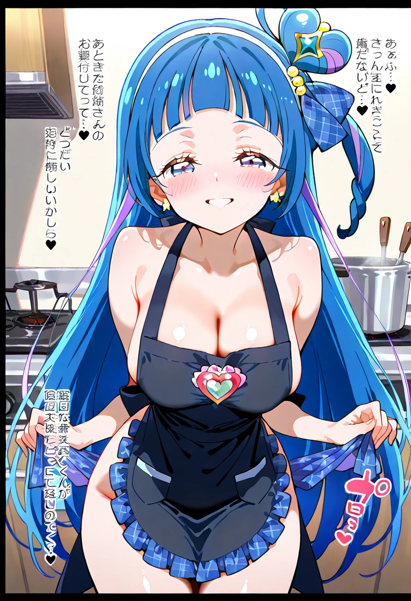 aqua hair, blunt bangs, hairclip, x hair ornament, very long hair, purple eyes .(nude, naked, 1girl, solo, ,large breasts , solo) ,,, nipple ,, (wearing nothing:1.5), empty eyes , ,, , , hospital, ,blue sky, cooking, sea space