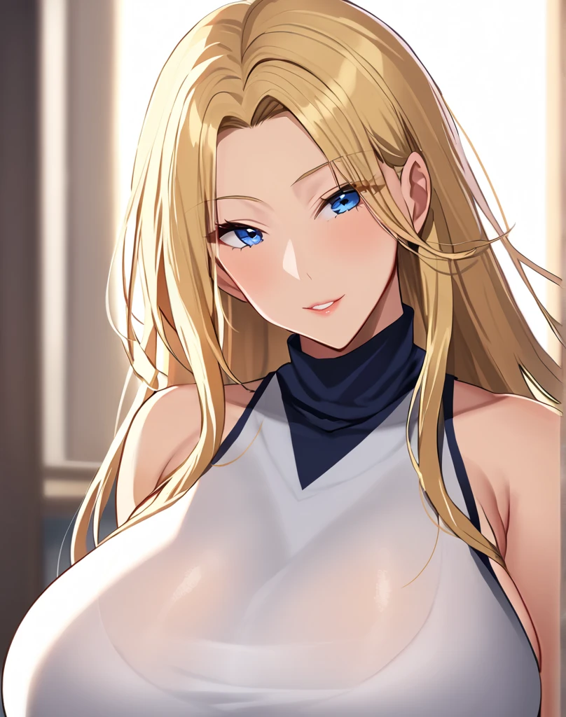 One Woman、Blonde Hair、Hair between the eyes、long hair、Blue Eyes、Big Breasts、Huge breasts、After the shower、Beautiful woman after bathing、naked、全naked、Standing in a bathrobe、Touching the ears、Smiling、blush、Sweat、Upper Body、Angle from the front、Simple Background、