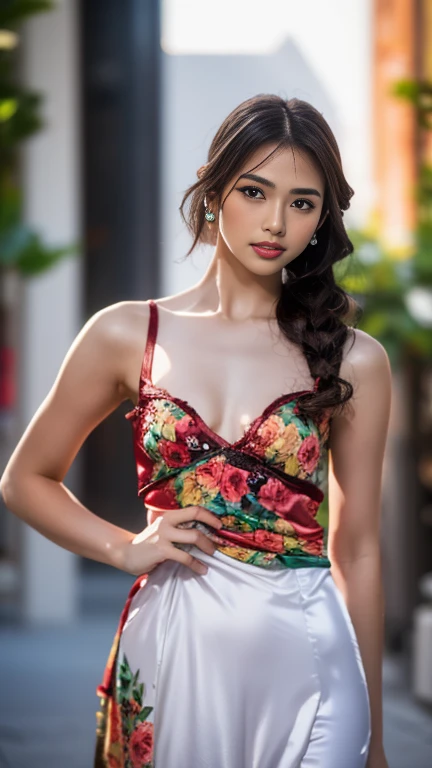 RAW, Best quality, high resolution, masterpiece: 1.3), beautiful Malay woman, Masterpiece, perfect fit body, puffed breasts, ample cleavage, black chignon hair, open stand, Soft smile, thick thighs, woman sitting in the park in a dark red floral patterned kebaya short dress, she is about 20 years old, pale skin, wearing a sexy red kebaya dress, no underwear , arms up