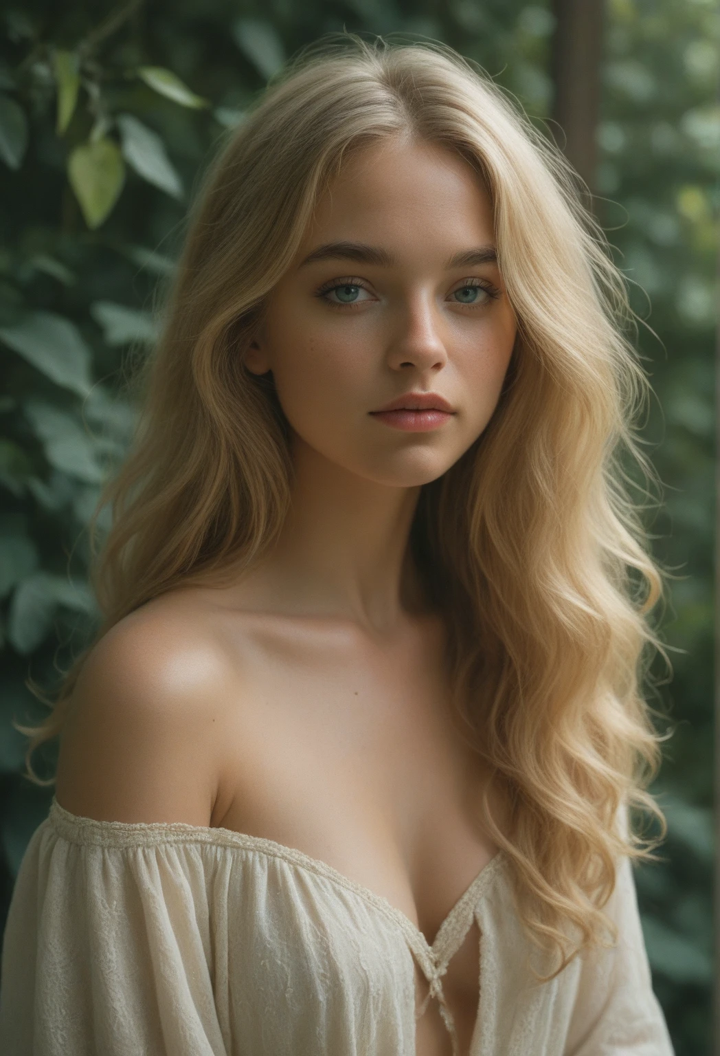 A stunning girl with long white hair, fair skin, and red eyes, in a forest with cinematic film lighting, dark and low-lit. She is wearing a white dress with golden hues, her eyes focused, looking at the viewer. Her skin is fair, her face delicate and flawless, a masterpiece, a work of art of the highest quality. The image is an incredibly detailed 8K CG wallpaper, with artistic cinematic lighting and film-like tones with a neutral filter.