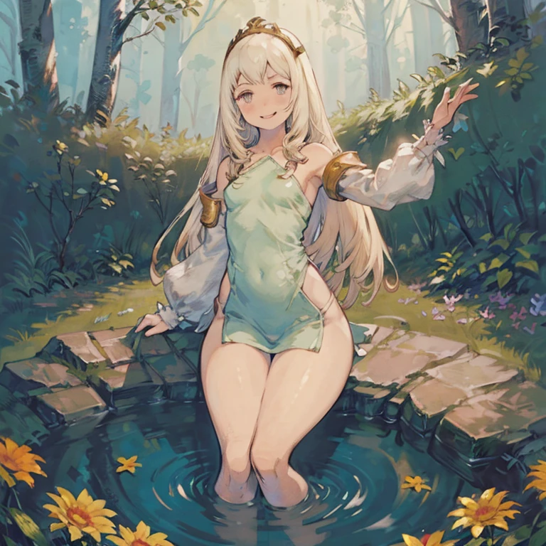 young girl 15 ,, very long hair that touches the ground, platinum ruby hair, iridescent eyes, very thin body , very small breasts, Wide hips, small waist , shining lips , (naked), , very small young woman and thin , stop in a pasture, wreath made of cherry branches , surrounded by forest spirits shaped like orbs of light , forest spirits animals, flirtatious smile, bathed in semen