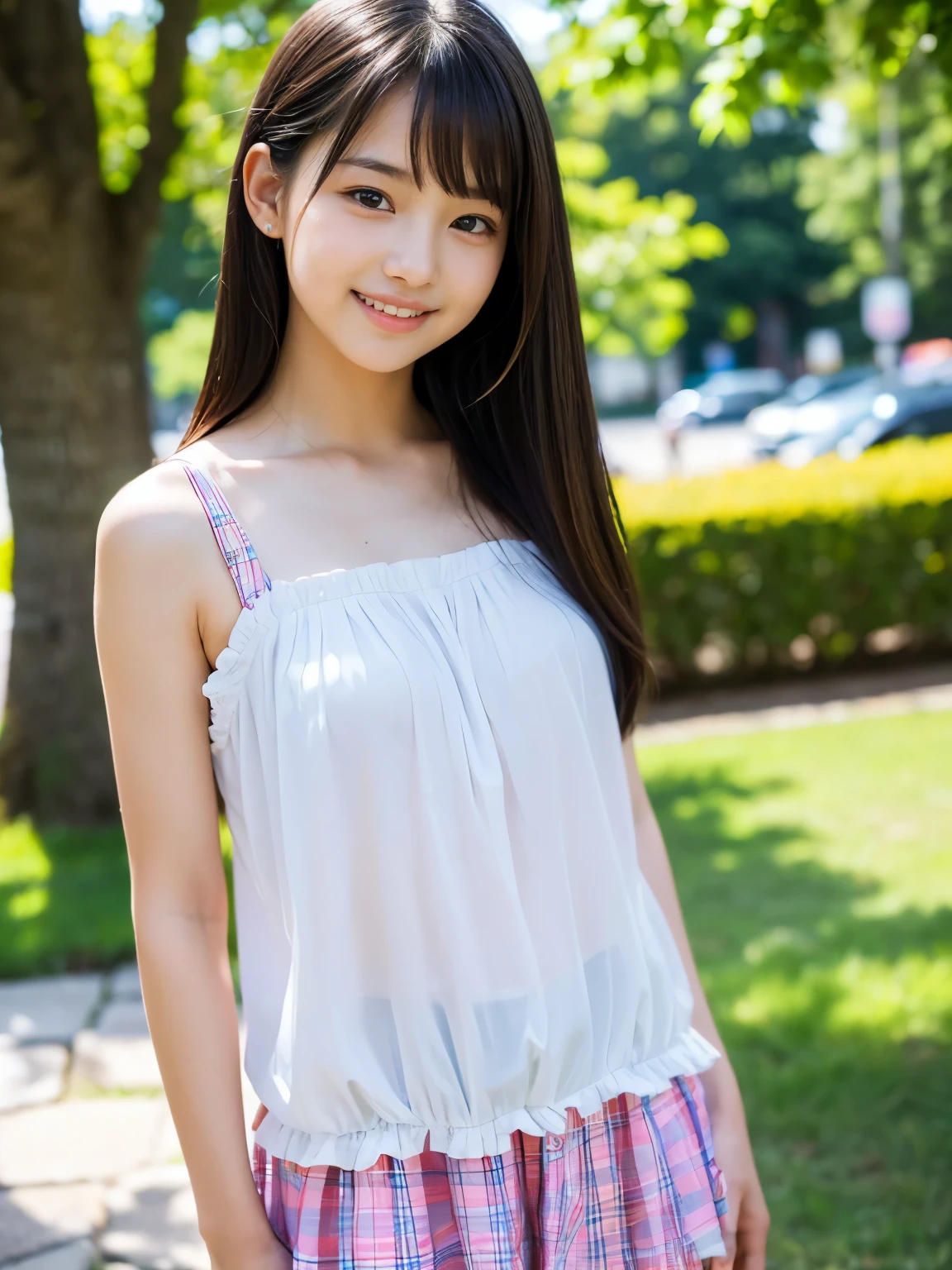 highest quality, High resolution, realistic pictures, detailed skin texture, ((Cute 12 year old Japanese girl wearing a short white camisole)), view audience, slim body shape, charming gaze, Fair skin, baby face, (flat chest:1.2), long straight hair, (loli:1.2), In the park where cherry blossoms dance
