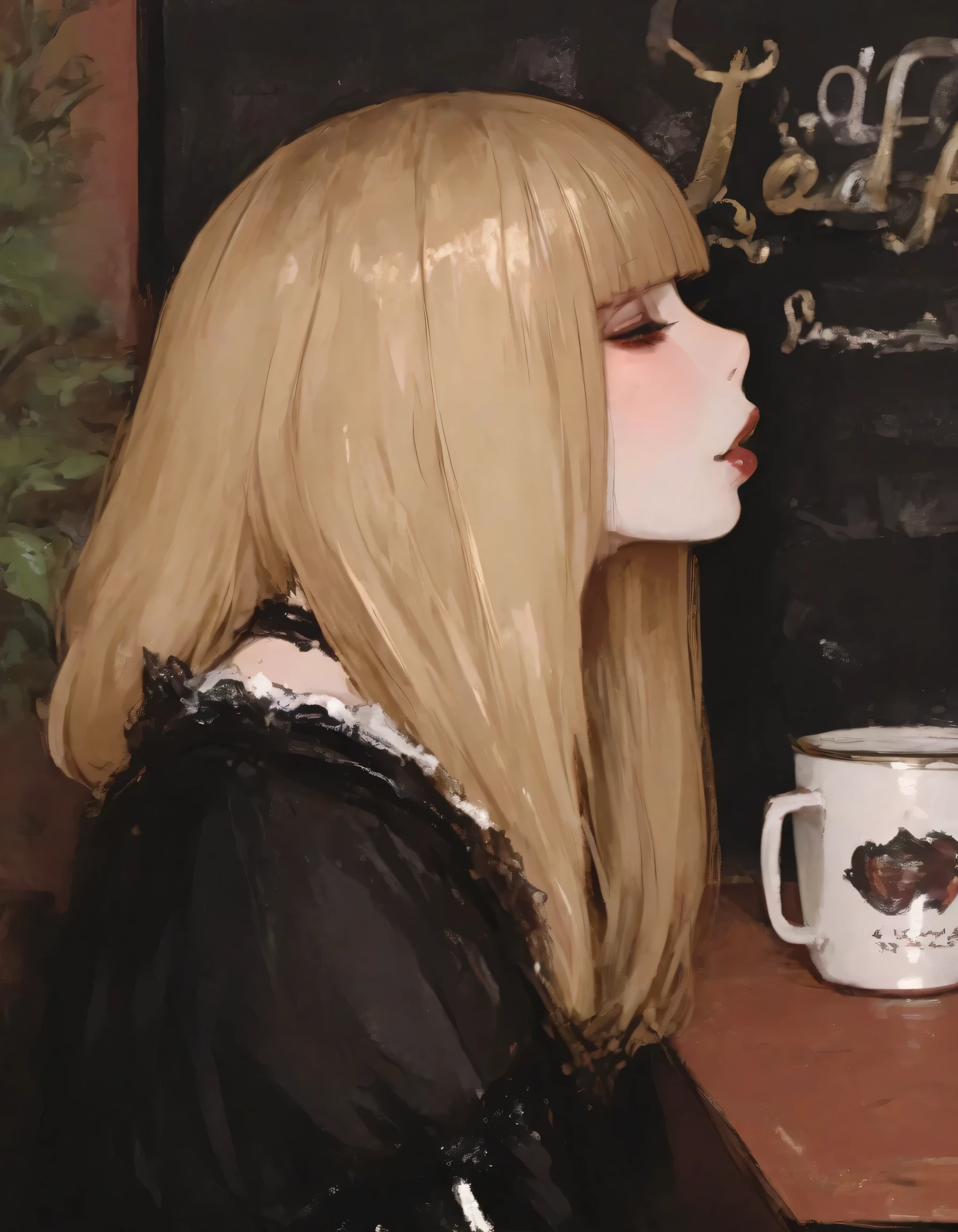 best quality, masterpiece, 748cm style,(solo), Gothic ta, blonde, blunt bangs, cute, natural cosmetic, adult female face, full lips, cute poses, stylish cafe,(profile),