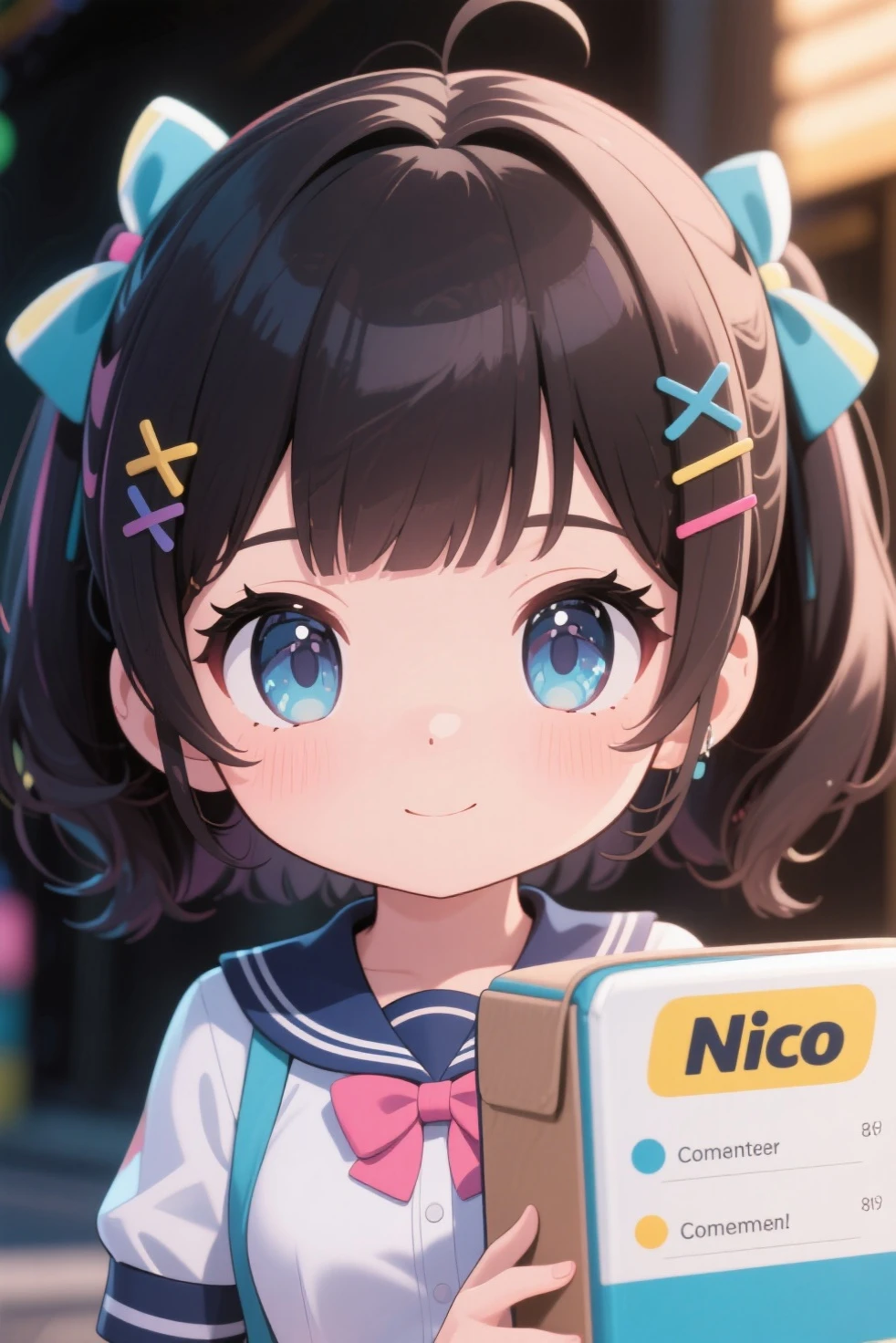 Shoulder sweater, Curly shorthair, hair scrunchie, Twin-tailed, kawaii pose、A face and pose that expresses deliciousness