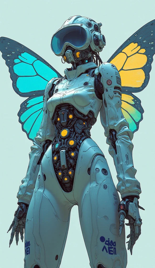  A female robot, not so effeminate, who is a shining fairy, with wings made of solar panels, comic style