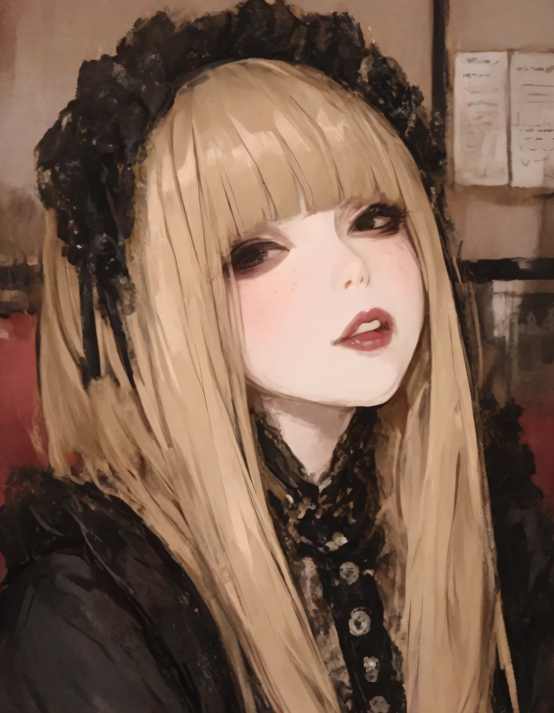 best quality, masterpiece, 748cm style, Gothic ta, blonde, blunt bangs, cute, natural cosmetic, adult female face, full lips, cute poses, stylish cafe,