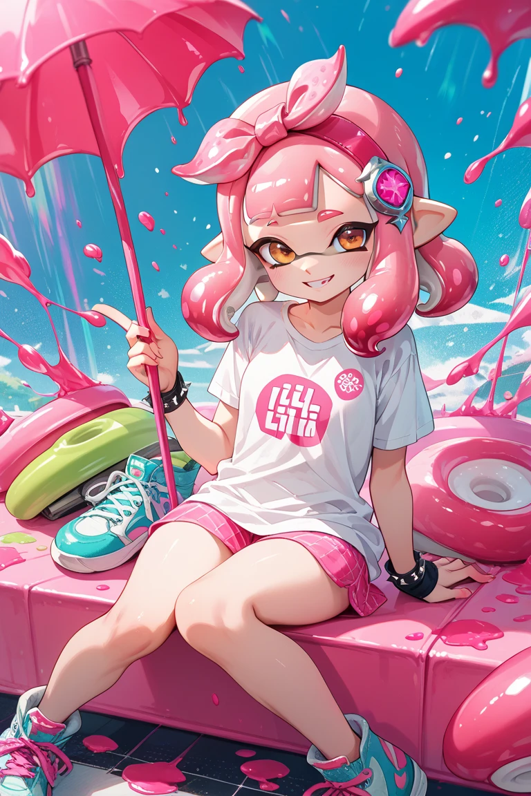 Beautiful girl with pink cat ears cute in pink wetsuit with tail