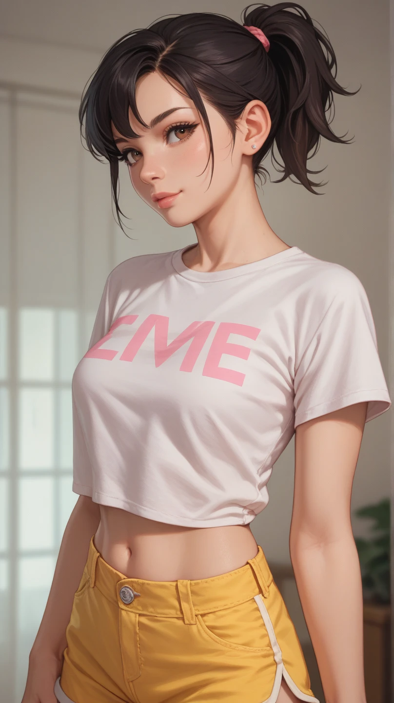 pan from dragon ball anime, short hair, black hair, bangs, black eyes, ponytail, beautiful, beautiful woman, perfect body, perfect breasts, wearing white shirt, black cardigan, long jeans, handbag, wearing watch, wearing earrings -earrings, in class, at college, university, blackboard, looking at the audience, a slight smile, realism, masterpiece, textured leather, super detailed, high detail, high quality, best quality, 1080p, 16k