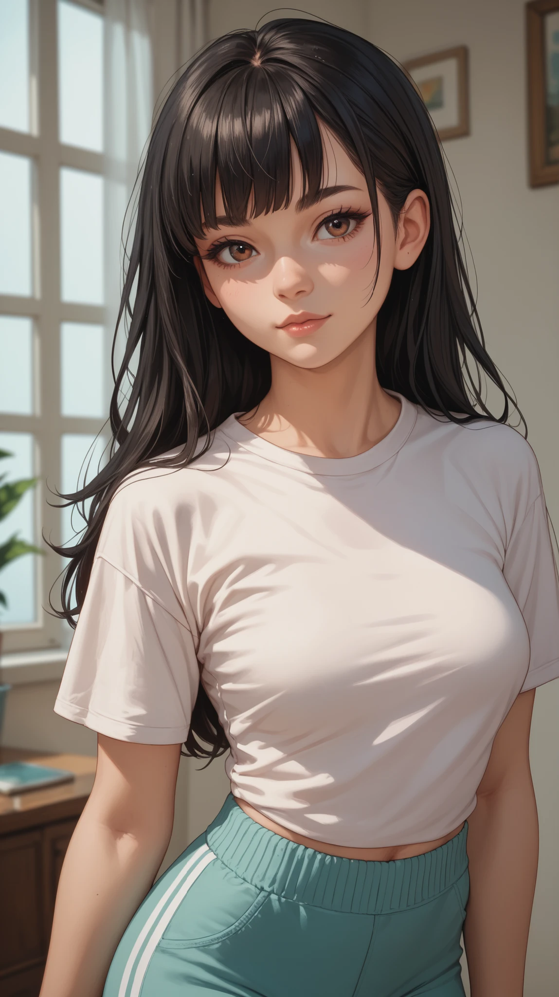 Amazing portrait of a sexy woman with black hair in a bob with bangs, white skin and brown eyes having perfect thick body with medium breasts wearing a light pink t shirt and teal trackpants