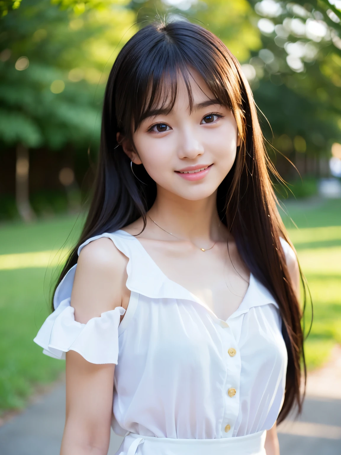 masutepiece, Best Quality, 8K, 1 girl, 20 yo, Closed mouth, Happy smile, Full body, (Full body:1.4), Solo, Cute, Girly, Delicate girl, Neat and clean beauty, Raw photo, Professional Photography, Portrait, Soft light, Professional Lighting, Back lighting, Look away, looking at away, Sophisticated, Film grain, (Eyes and faces with detailed:1.0), medium length floating hair, Beautiful flowing hair, Bangs
