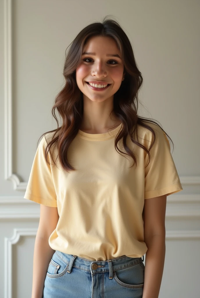 Yellow t shirt white jeans wearing beutiful girl at home