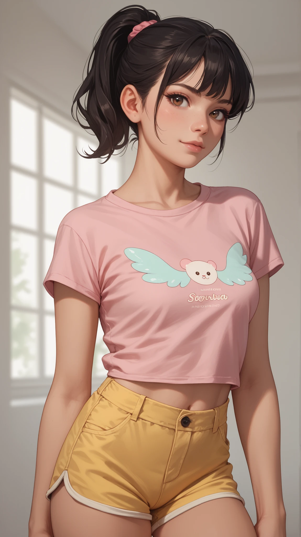Amazing portrait of a sexy woman with black hair in a small ponytail, white skin and brown eyes having perfect thick body with medium breasts wearing a pastel pink t shirt with yellow shorts 