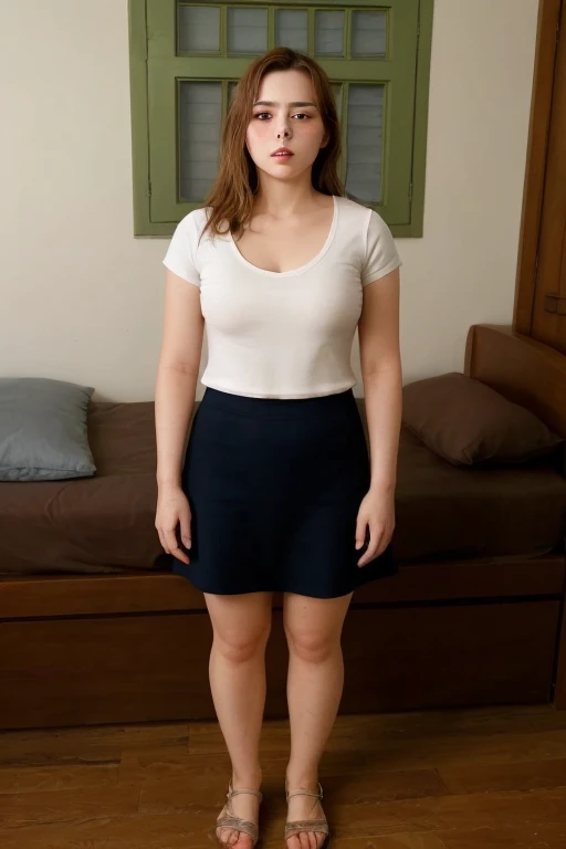 there is a woman standing in a room with a red table, wearing a cute top, half body cropping, full body picture, wearing a sexy cropped top, wearing crop top, wearing skirt, blue tight tshirt, a blue skirt, skinny waist and thick hips, wearing tight simple clothes, wearing a cropped top, wearing tight shirt, half body photo