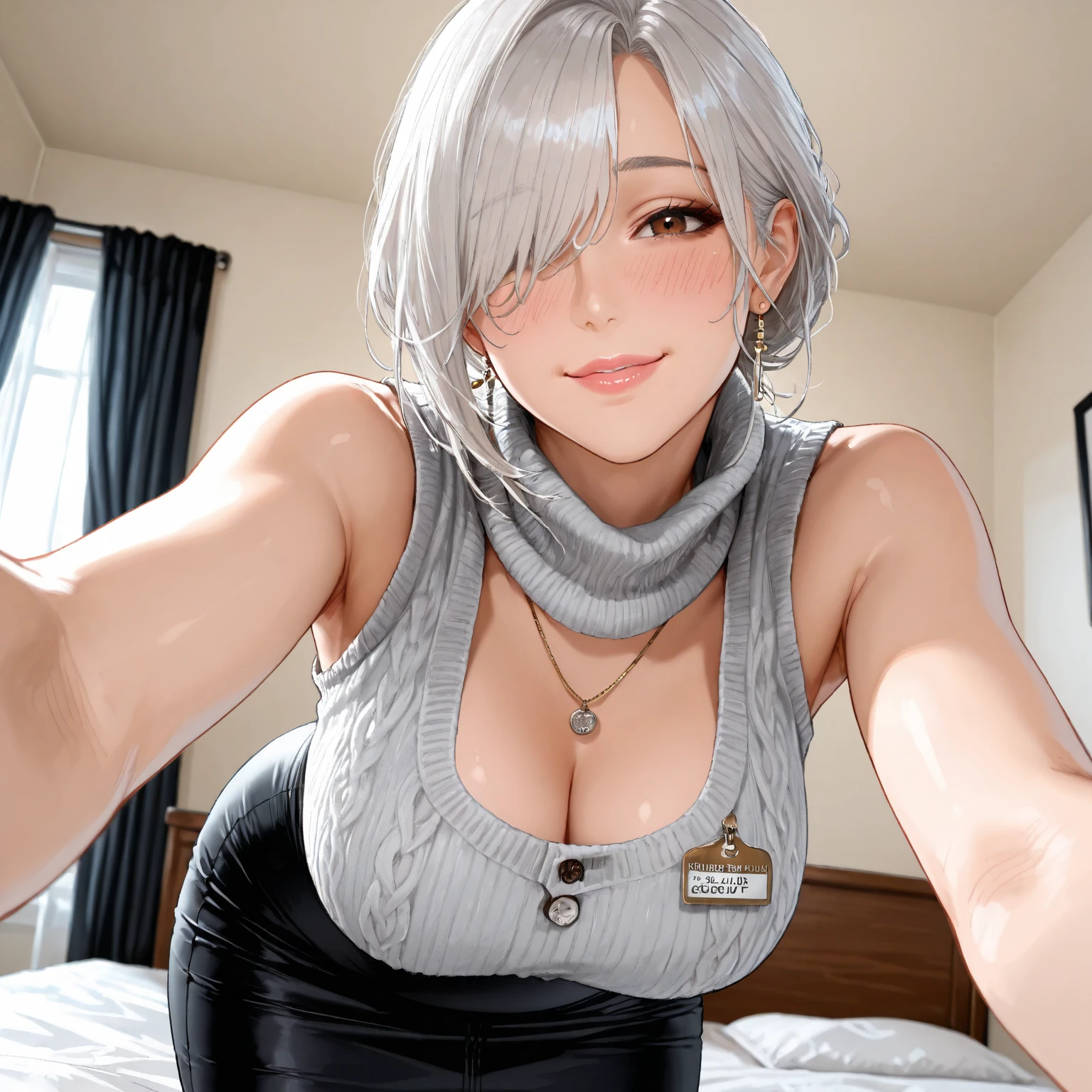 Blue eyes、The best smile、Ash gray hair、(The color of the clothes is white:1.2)、summer clothing、 、sensual breasts、hair pin、Hi-Res、Shaded face、short-hair、top-quality、独奏、femele、s Office、sitting on、personal computers、photographed from the back、Computer Input