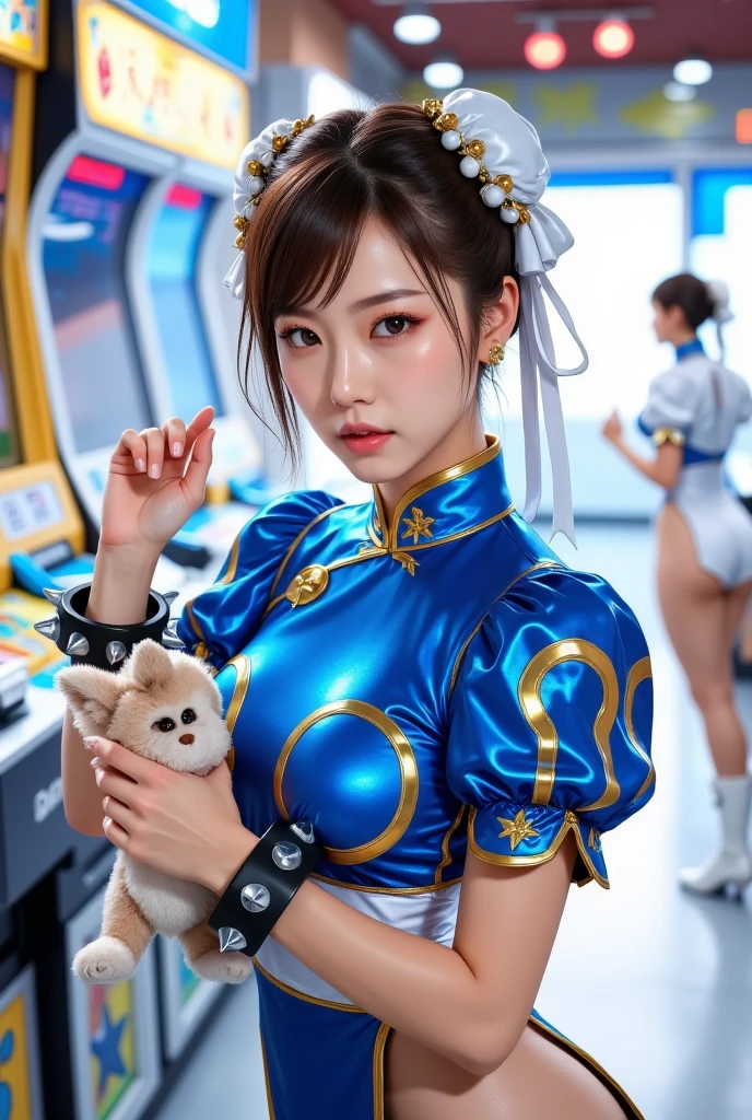 (ultra high quality), detailed face, high resolution, ((masterpiece)), ((best quality)), ((ultra detailed)), delicate, (ultra realistic), ((extremely detailed)), depth of field , ((cowboy photo: 1.4)), ((2girl)), group, sitting on the floor, ((varied poses)), elementary school girl, loly, short stature, , ((no bra)), small build, facing viewer, ((intricate arcade machines)), a row of arcade style machines sitting in a row in a video game room, game controller, game console, controller, television, short sleeve, sleeveless clothing, ( (white waistband)), ((Chun Li))), bows, covered bows, Chinese dress, qipao, blue suit, spiked bracelets, puffed sleeves, brown pantyhose, white boots, flat chest, flat stomach, tiny body, height small