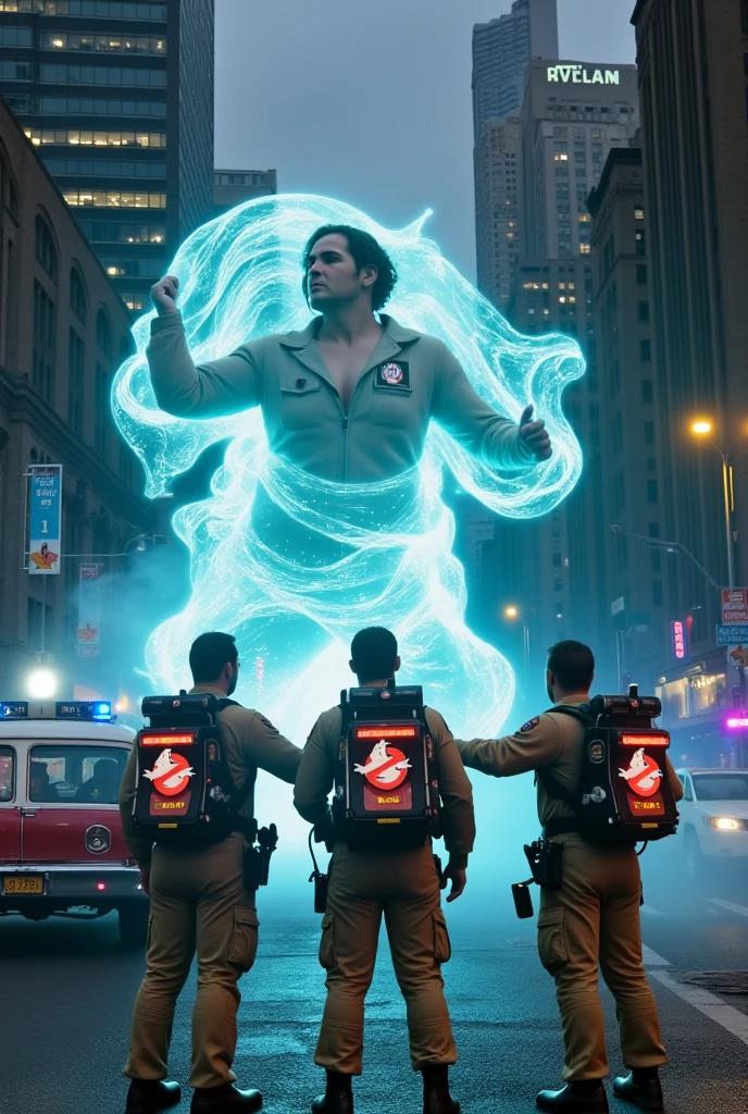 Ghostbusters en cine azul con fantasmas