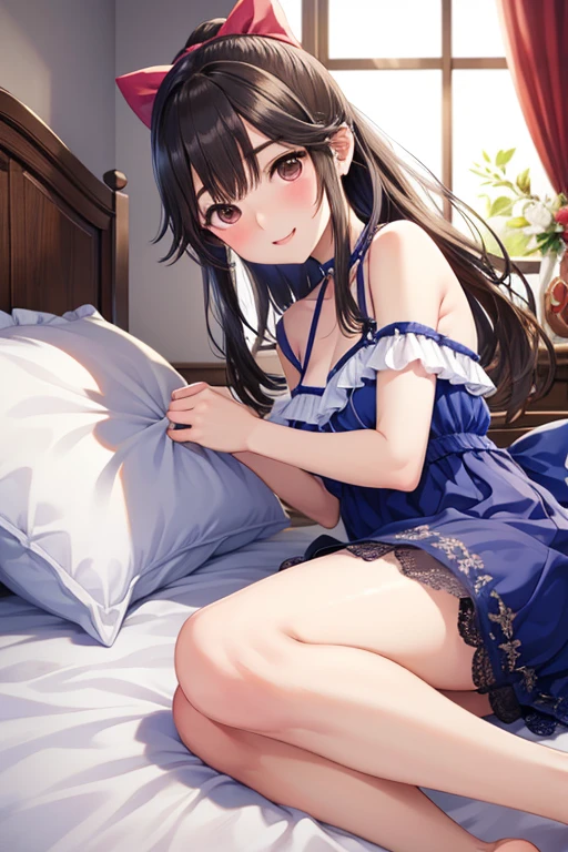1girl, long shot, from above, full body, lying on bed, (knees together feet apart:1.1)