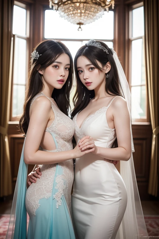 masterpiece, ((Highest quality, Detailed and realistic 3D))、wedding、(Two cute、A good friend、Standing side by side、kawaii:1.4、、smile:1.3、smile、Mr.々Hair style、pubic hair、Smaller breasts)、(((Full nudity、Exposing the breasts、Pussy)))、(Realistic and detailed skin texture、pale pastel wedding dresses:1.2、gem、hair ornaments、Veil、See-through)