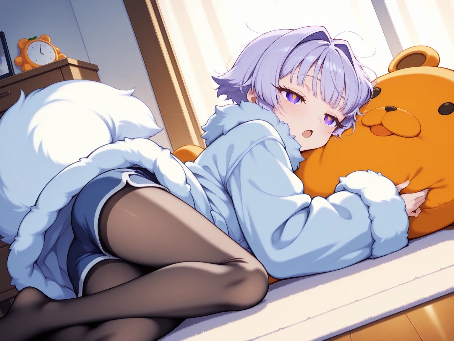 Ultra-high resolution, Super detailed, highest quality, Perfect hands, Super cute, Super beautiful, (((One Girl))), ((((Cute sleeping face)))), ((Cheek swelling)), Chubby face, (((light purple messy hair))), ((Medium short wavy hair)), thick and short eyebrows, ((Wearing black shorts and a red hoodie with the hood up)), (((Lie on the sofa))), (Drooling from the mouth), ((((Thighs!!!!!!)))), (((Thick legs))), (((Get a good night's sleep))), The bright sunlight shines through the window