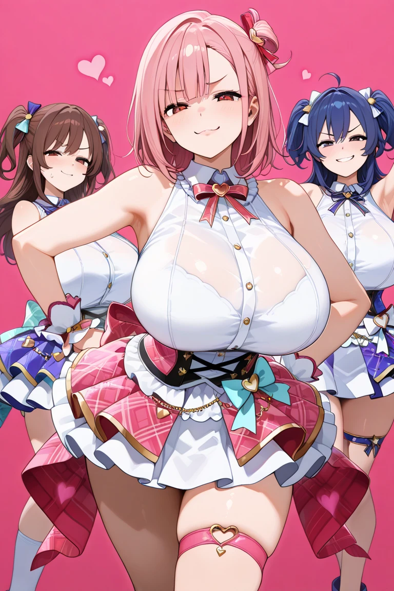 masterpiece, Highest quality, Beautiful face and eyes in every detail, Two Girls, Cute idol, Cool Idol, Event Stage, (Shiny satin dark blue lingerie), (nsfw), Laughter,Large Breasts(hyper Huge breasts:1.8),grin,focus breasts,(leaning forward), (Shiny satin dark pink lingerie),blond hair,pink hair,