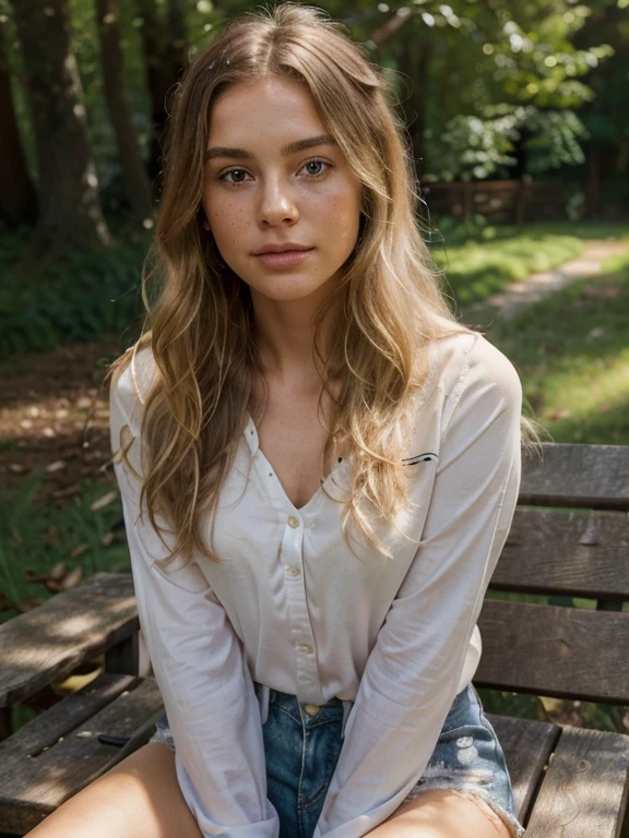 blonde with long hair, brown eyes, is in the garden of her house wearing a red blouse, short jeans
