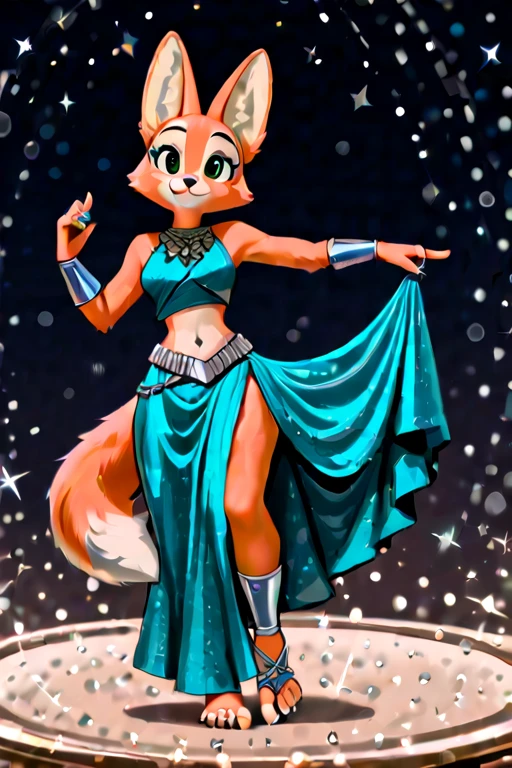 Genie of the Future the female cheetah supervillain, cyan bun hair, genie dress, full body view