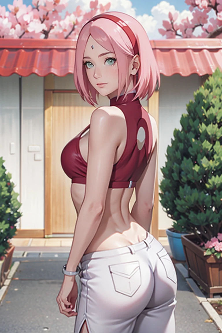 sakura haruno, (((((wearing bra))))) ,full body view, konohagakure symbol, arms behind head, arms up, armpits, showing armpits, posing, green eyes, perfect proportions, sakura shippuden, masterpiece, best quality, short hair, pink hair, 175 height,long belly
