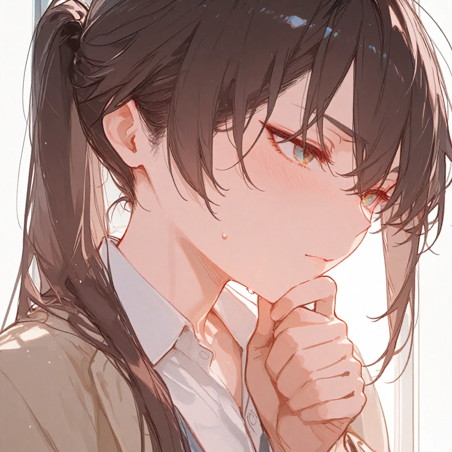 best quality, award winning, highres, high details, super detail, anatomically correct , Woman in tears,Mature woman,Clothing of office workers ,Black Hair,Slender,Wiping away the tears with my hands