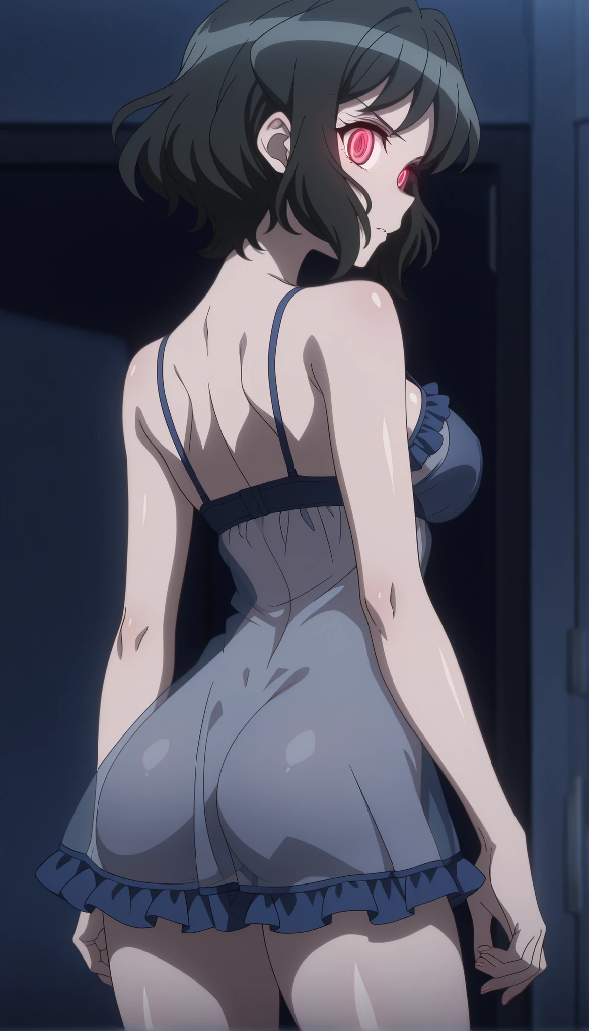 masterpiece, best quality, amazing quality, very aesthetic, absurdres, newest,shiny skin, anime screenshot, anime coloring senki zesshou symphogear, Shem-Ha, black hair, , short hair glowing eyes red eyes , clear babydoll , ((see-through)) , ((frilly babydoll)) , ((see-through)) , off shoulder ((see-through)) , so her boobies can be seen, can be seen her ass, looking at viewer,extreme close up,