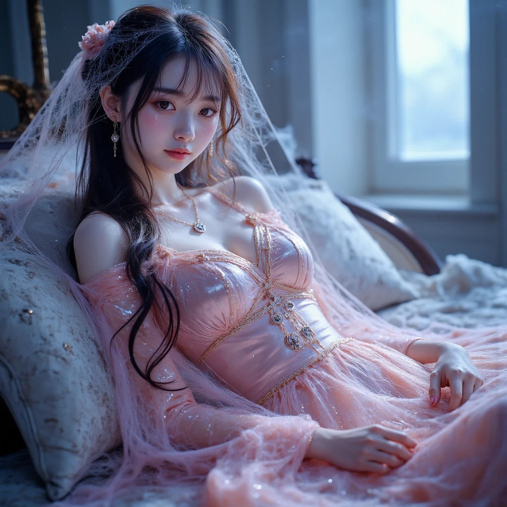 ((realistic illumination,top-quality,8K,tmasterpiece:1.3)),Clear focus:1.2,1womanl,Perfect beauty:1.4,Yushuxin,1girll,shift dresses,独奏,brunette color hair,jewely,long whitr hair,耳Nipple Ring,Bow knot,Purple skirt,Lying in bed,exposed bare shoulders,Airless Gainsboro,long skirt,Hair Bow,ln the forest,Purple bow,No shoulder strap,standing on your feet,choker necklace,tilt of the head,Chapped lips,wavey hair,straplessdress,Lace sleeves,Cetacine dress,Close up woman posing in white nightdress posing for photo,Beautiful virgin,beautiful Korean women,uma linda princesa,cute elegant pose,Bell Delfinn,Wearing a purple dress,beautiful fantasy maiden,Anime princess,beautiful and seductive anime woman,Beautiful Asian Girls,attractive anime girls,elegant glamourous cosplay,(Lie down in bed:1.8),(Beautiful sphere articulated doll:1.3),Luxurious princess dress