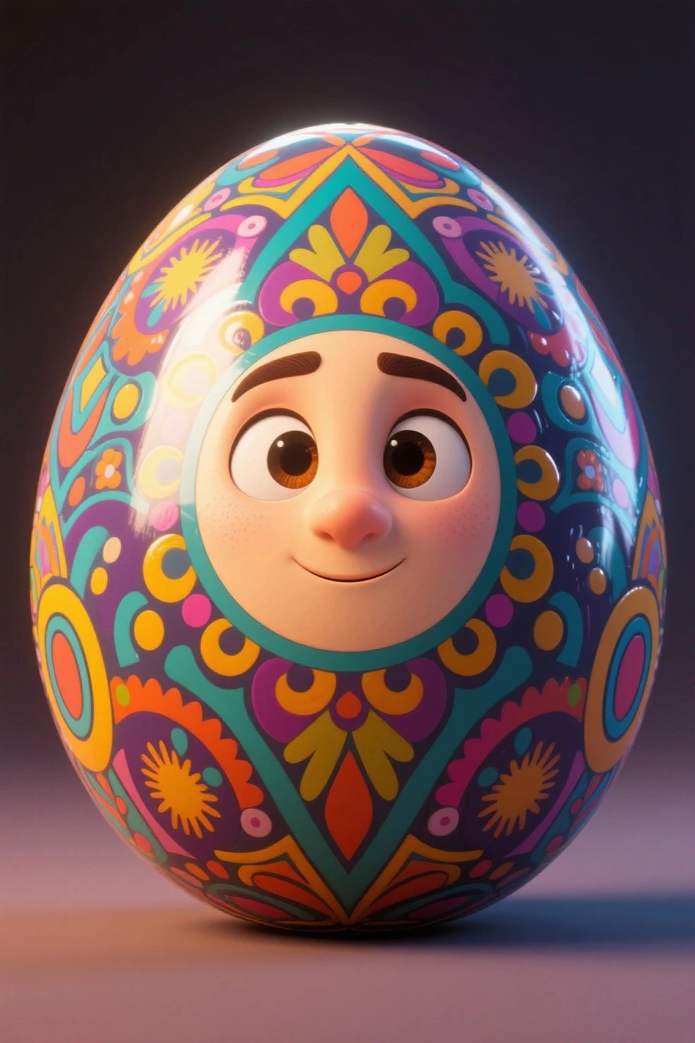 masterpiece, top quality, amazing quality, with a perfect face, highest resolution, 8k, (3d model style patterns), Pixar style images, giant fancy patterned egg

