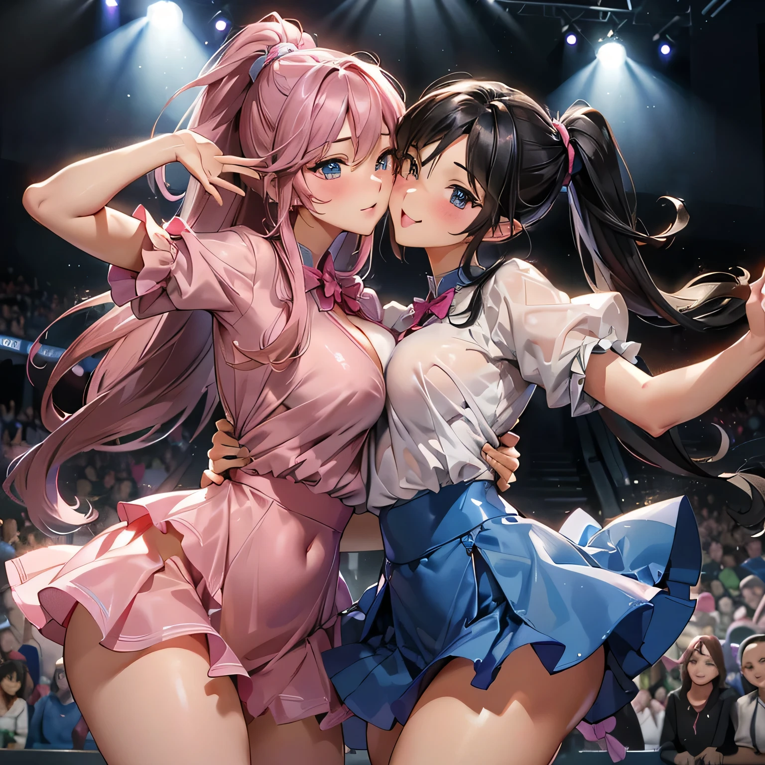 NSFW、8G、highest quality、Highest quality、Real、masterpiece、Mine system、(((Black and pink hair)))、((Knee socks))、(((Two Girls)))、Pink Shirt、Black Skirt、((Twin tails))、(((Idol Group)))、(((stage)))、(((concert)))、Big Breasts、(((Sweat)))、(((Body odor)))、(((pussy)))、(((Love juice)))、(((((Lesbian)))))、((((crotch grab))))