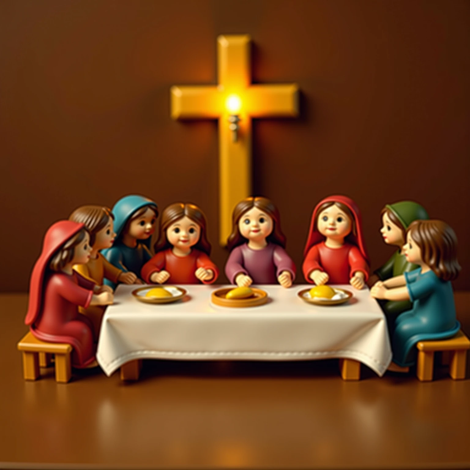 Our Lady, Jesus' mother, helping brown and diverse Brazilian children to decorate cupcakes in a large church hall of St. John the Baptist, there can be white children too and there can be the image of St. John the Baptist, there needs to be fewer girls and the hall should be simpler