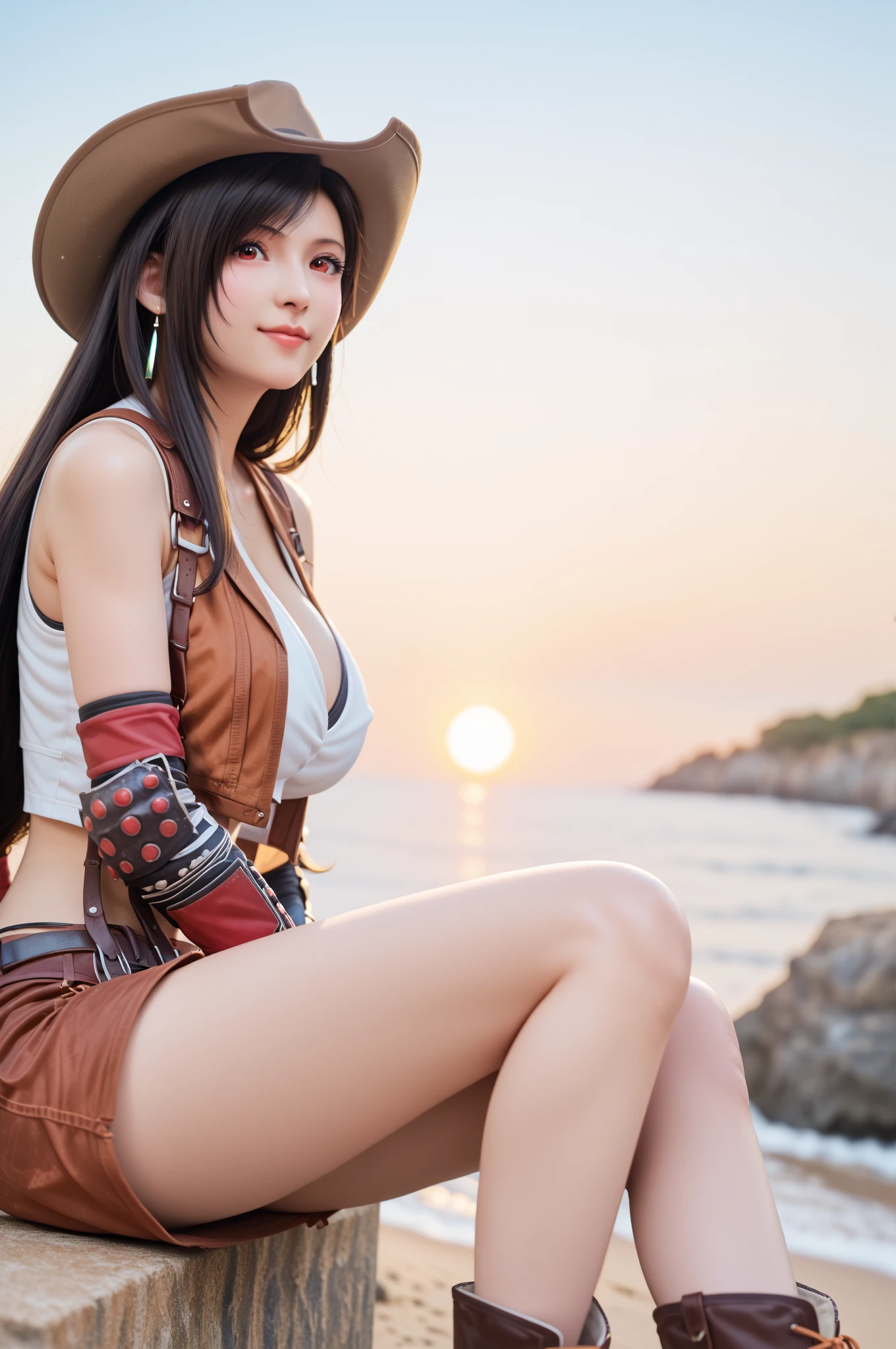 Photorealistic depiction of Niko Robin (from One Piece), a tall and slim but athletic woman with shoulder-length black hair. Her eyes are a striking blue, and she has a long and straight nose, slim and defined. Her legs are exceptionally long, complementing her narrow waist. She is dressed in a white cowboy hat, paired with a yellow tank top and a purple skirt that reaches her calves. Completing her outfit are cowboy boots and a simple belt. The background showcases a pirate ship, adding to the adventurous atmosphere.