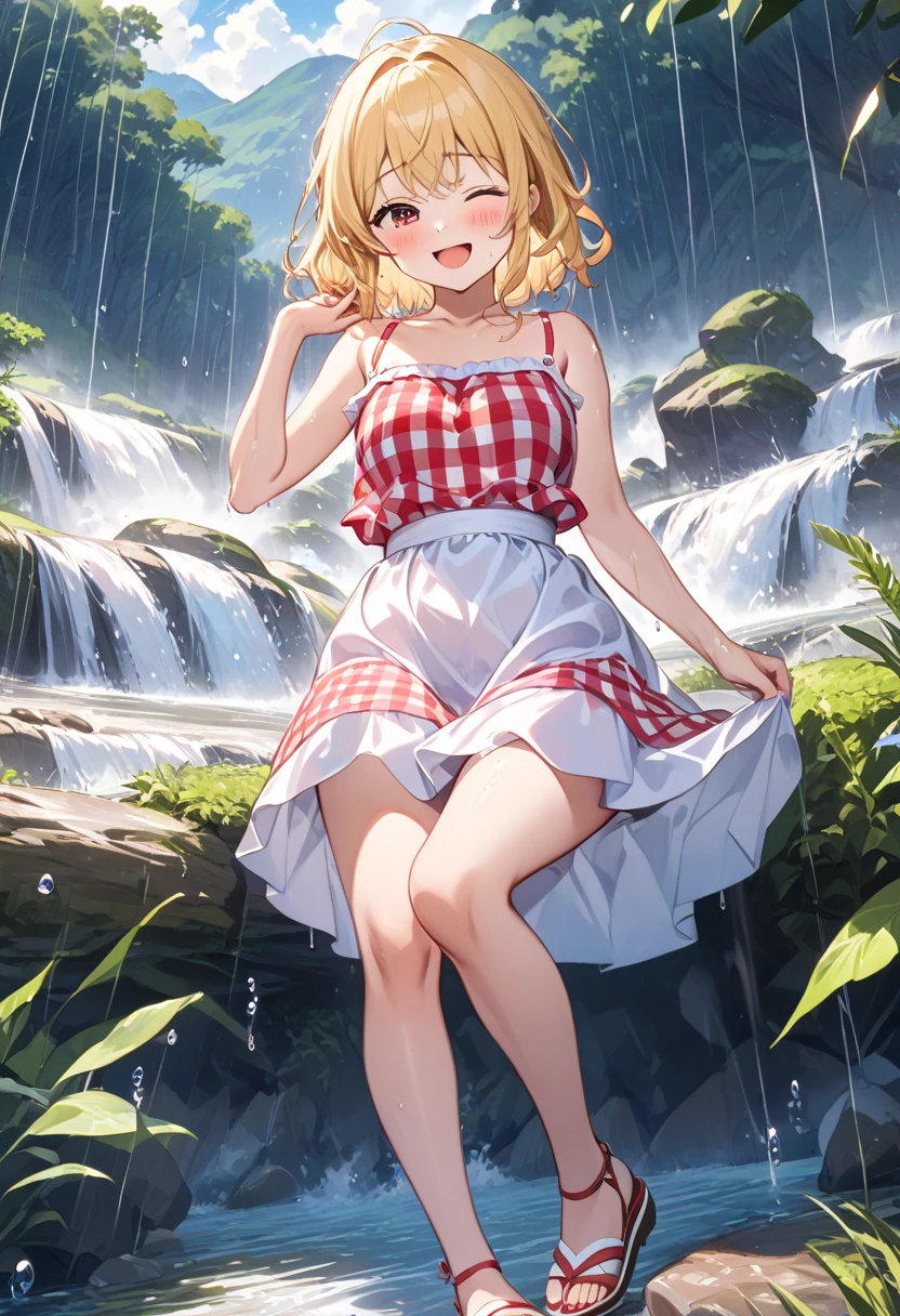 kidney, Rena Ryuuguu, Orange Hair, short hair, blue eyes, smile, blush,Grin,(Small breasts:1.2),beret,Sleeveless dress,Long skirt,Heeled Sandals,morning,morning陽,The sun is rising,Paddy field,Residential Street,Holding a bucket in both hands,walking,whole bodyがイラストに入る,
壊す looking at viewer,whole body,
Destroy outdoors, Destroy the countryside (masterpiece:1.2), Highest quality, High resolution, unity 8k wallpaper, (shape:0.8), (Beautiful attention to detail:1.6), Highly detailed face, Perfect lighting, Extremely detailed CG, (Perfect hands, Perfect Anatomy),