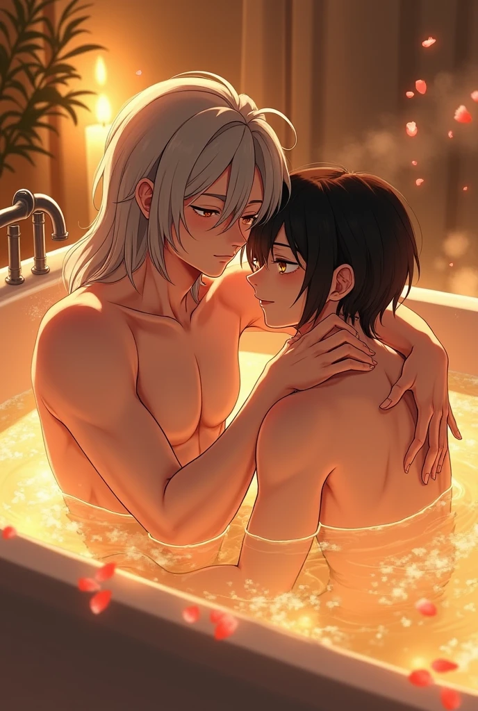 score_9, score_8_up, score_7_up, source_anime, best quality, masterpiece, official art, absurdres, highres, ultra-detailed,waifu2x,Collection: Slice of Life,break,1boy, 1girl, tomboy, dark-skinned female, short hair, low ponytail, flat chest, nipples, beautiful detailed eyes, nude, hug from behind,nipple rub, bathing, wet, open mouth, (yawn:0.3), sleepily, steam, water, water drop, bathroom, indoors, break,(clear line illustration:1.2), super detailed skin,very high resolution, very aesthetic, Best sexual lighting powered by famous artist, 8k,cute picture,beauty illustration,photoshop_(medium),,(Detailed Lighting),uncensored,