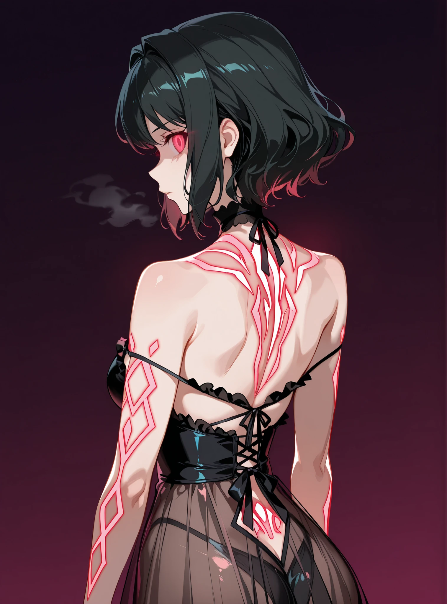 solo,(((adult)),Adult women,Shem-Ha, black hair, , short hair glowing eyes red eyes, Tight waist、Small waist、Glowing Skin, clear babydoll , ((see-through)) , ((frilly babydoll)) , ((see-through)) , off shoulder ((see-through)) , so her boobies can be seen, can be seen her ass, upper body,