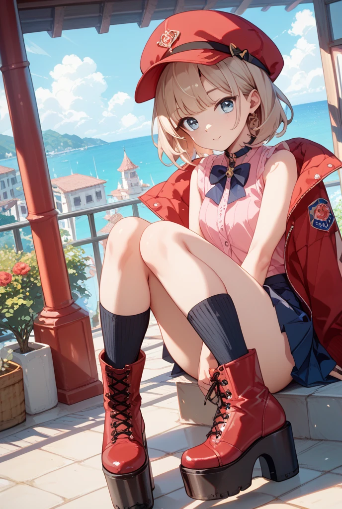 masterpiece, best quality,
1girl, sitting, ahoge, blonde hair, blue eyes, fur collar, fur trim, grass, short hair, smile, solo, trembling, full body,
sky,