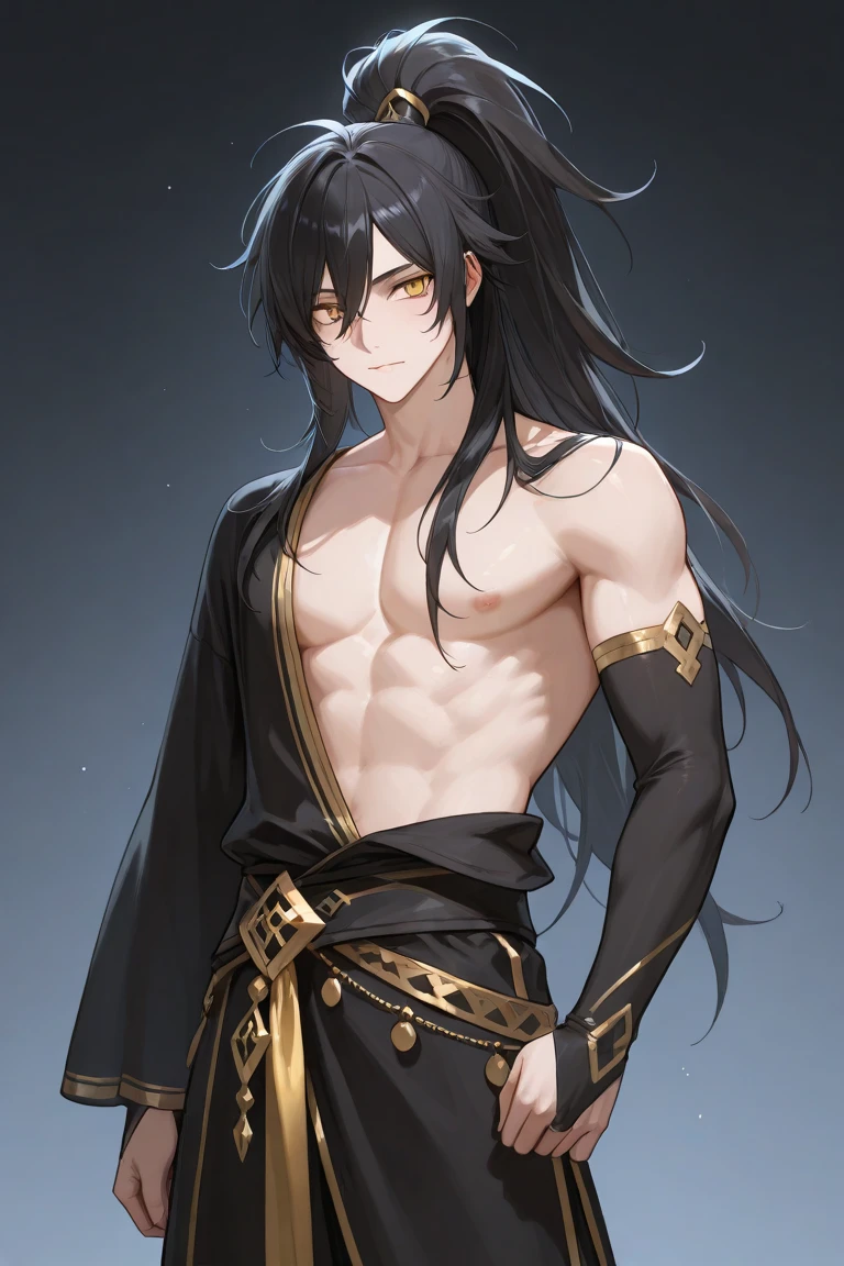 young boy, Long, black, unkempt hair,,,,,, Cyan eyes, brawn, Viking, open torso, horned helmet, a sword, grimm, Masterpiece, hiquality