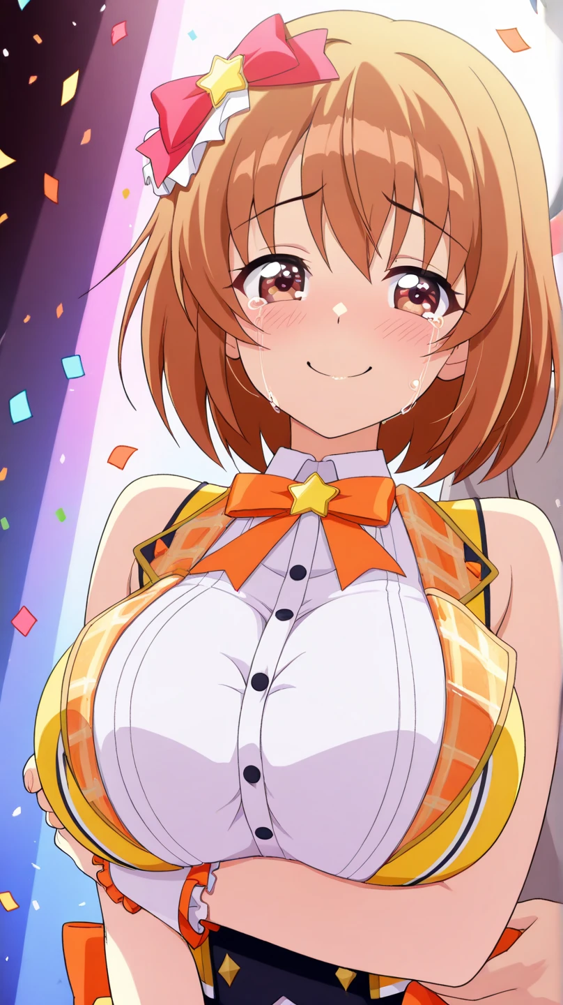 Beautiful adult woman、((Orange short hair))(Yellow Eyes)、(Cute honey in sexy pink outfit)、Smaller butt、Neon Background
