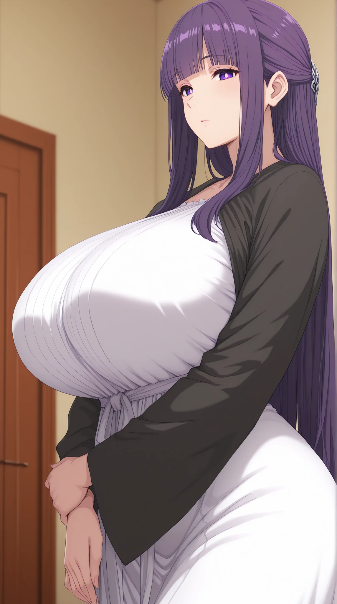 1 milf & 1guy, a milf sucking a man penis, sex scene, purple and slightly black hair, clothes off, cynical look, angry face, white background, erotic, full body