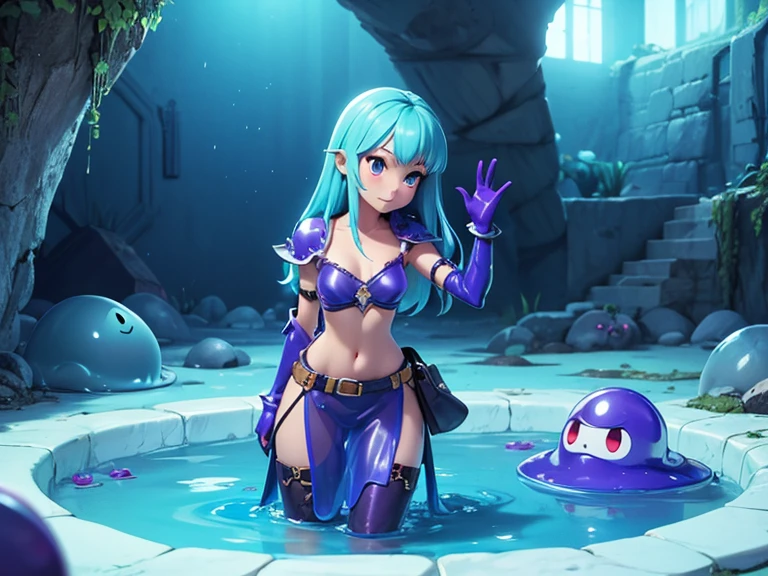 One adult woman with Dark blue hair, sapphire color eyes, facing the camera, in a castle, in an indoor pool, wearing a metallic slingshot bikini, talking to an female Elf wearing a one piece swimsuit, large natural breasts, happy, shaved, almost naked,
