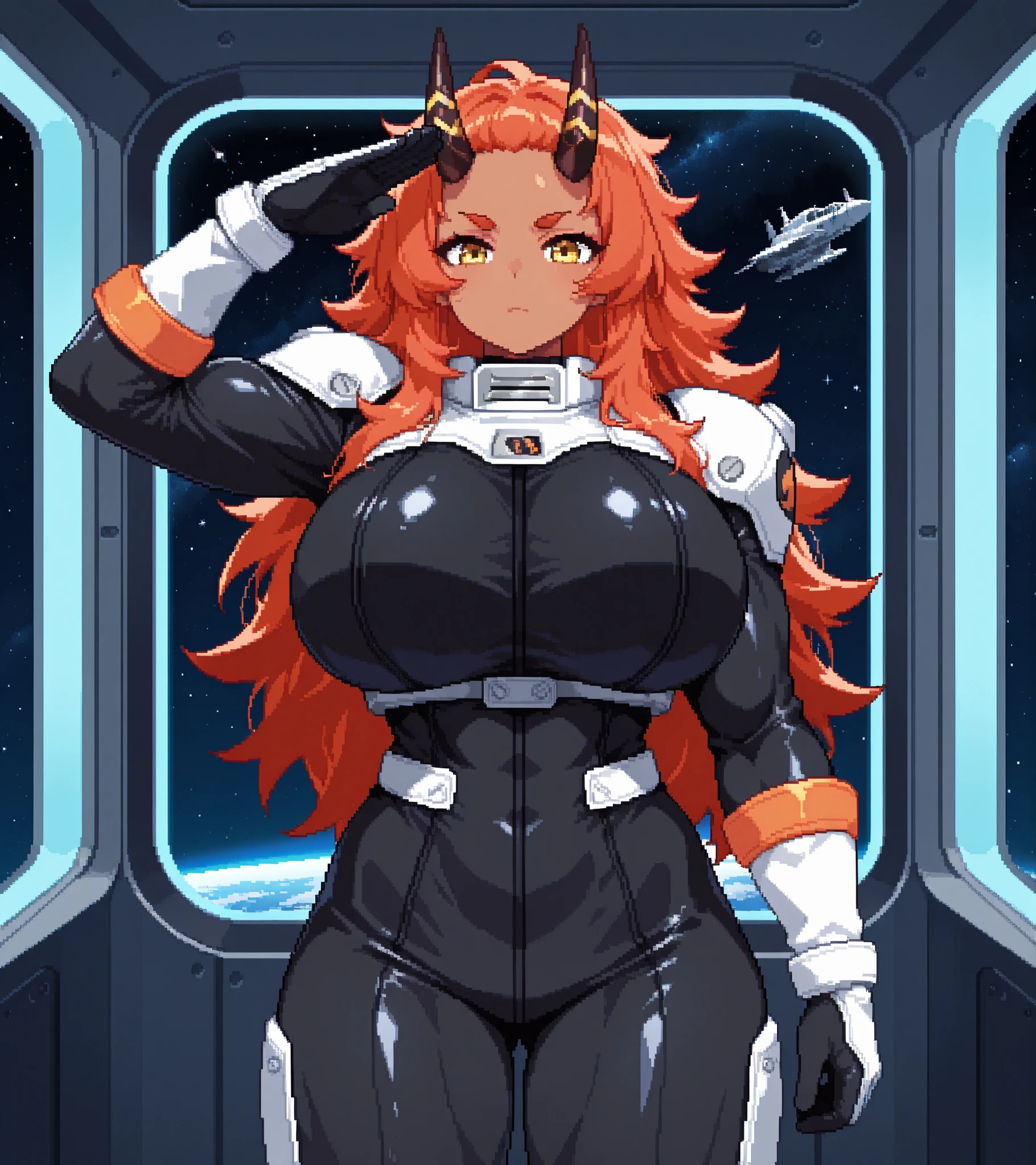 Hot sexy woman with huge breast, huge ass, red ponytail, tight full body space suit, muscular, abs, beautiful face, tongue out, legs spread, eyes looking up, licking finger