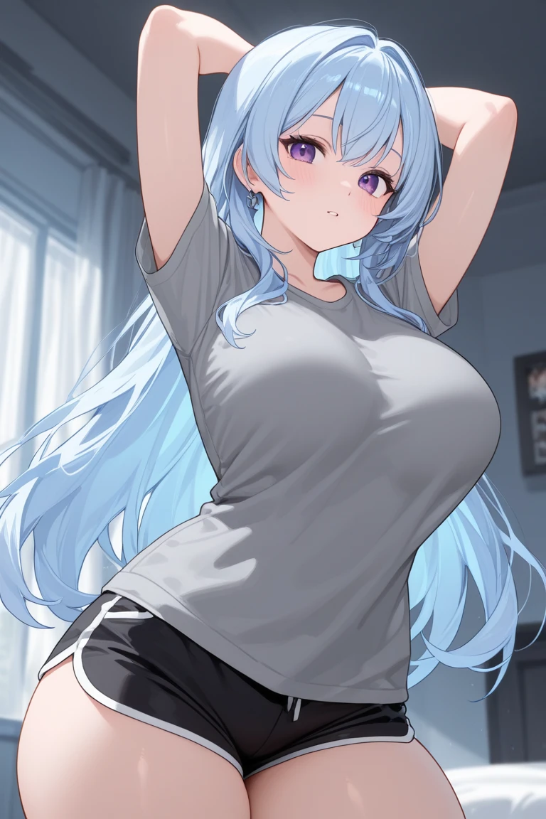 super fine illustration, vibrant colors, masterpiece, sharp focus, best quality, depth of field, cinematic lighting, ultra detailed, crop top, t-shirt, white pants, belly button, wide hips, 1 woman, home, solo, milf, very messy hair, long curly hair, slender, blush, embarrassed, room, indoors, mature female, tall woman, looking down, v-shaped eyebrows, medium breasts