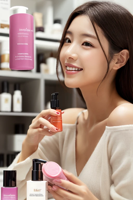 Beautiful model, holding 30 ml skin serum in hands,pink , 30ml, creative photoshoot