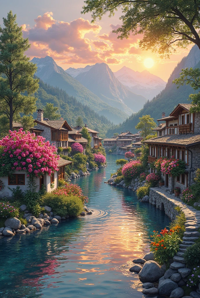 , a small riverside village,The background is mountains,Flowers bloom,vibrant with colors,Detailed scenery,Beautiful natural landscape,Ambiance Lighting,Scorching sunset,a warm color palette,utility,utility摄影,Delicate leaves,Complex architecture , cobblestone streets , charming country cottages , swirling bright colors, dense vegetation ,Still water reflections,picturesque,Leisure and tranquility,artwork of a,Best quality,8k,Extremely detailed,anime style